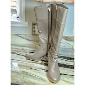 IMAN Taupe Leather Tall Knee High Boots Gold Hardware Block Heel Riding Boots